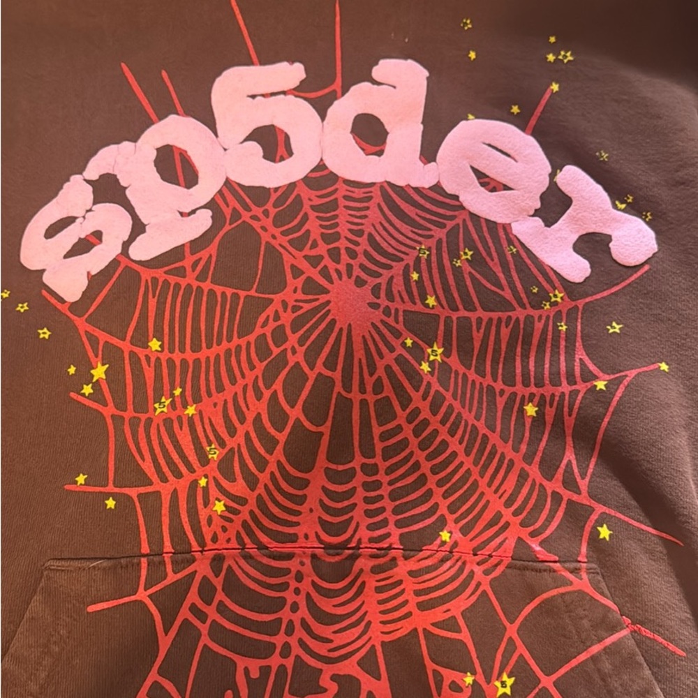 Sp5der Brown Sweater with Red and Pink Design